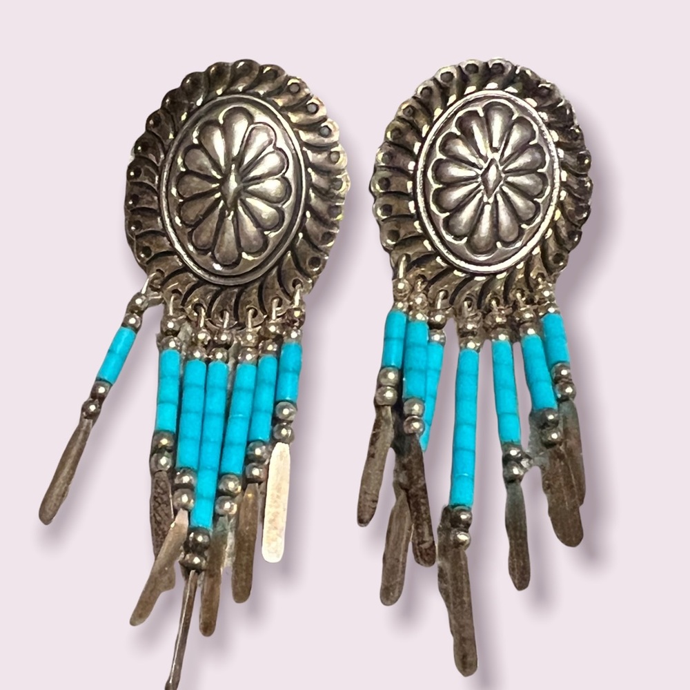 Sterling Southwest Concho Earring Pierced Dangles with turquoise colorTube Bead